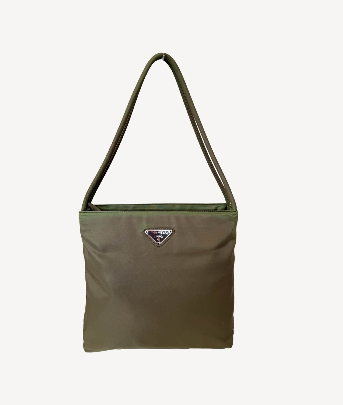 Prada vintage Tessuto nylon shoulder bag in khaki green with silver logo plaque