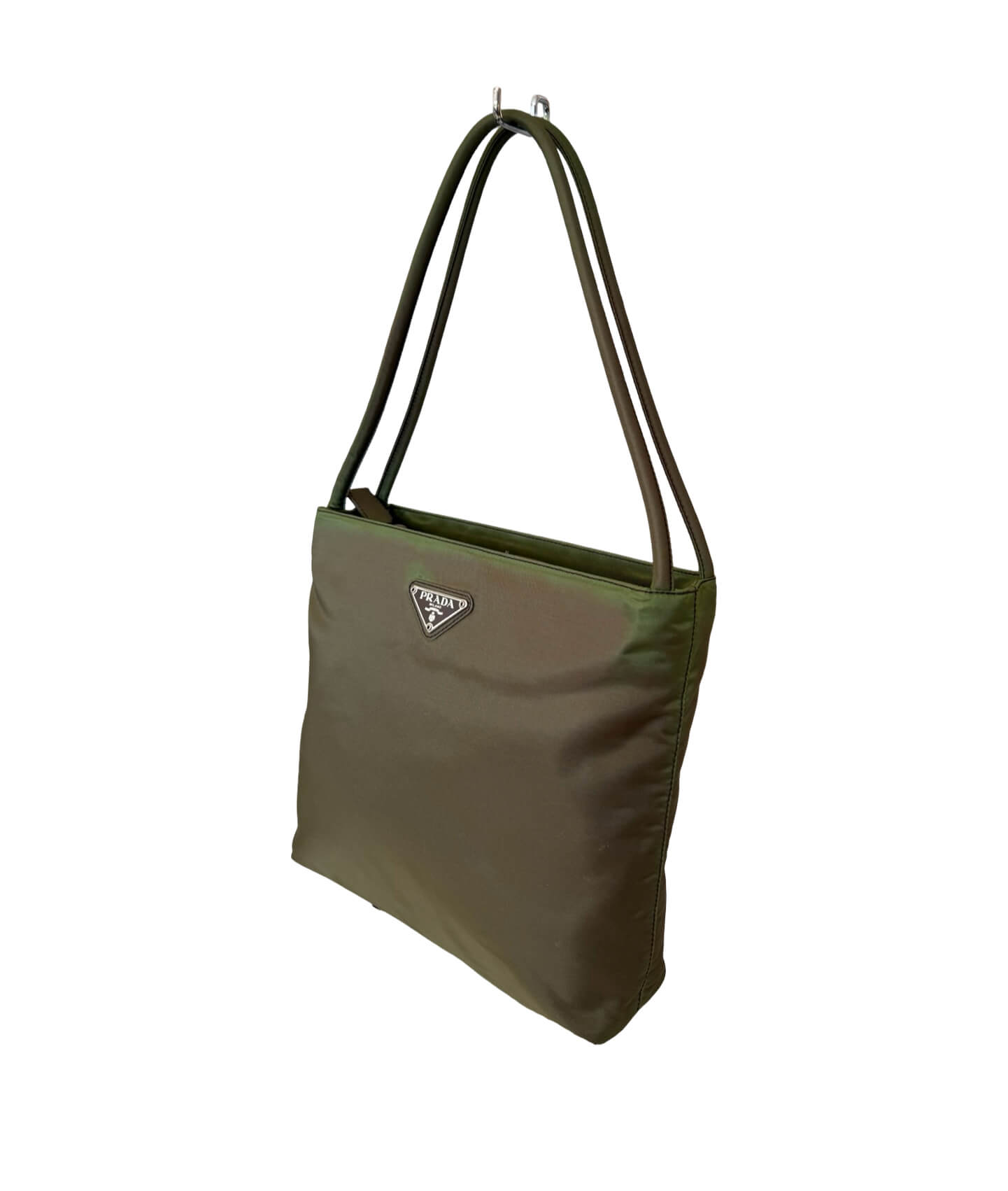 Prada Tessuto nylon handbag in olive green with double straps and metal logo