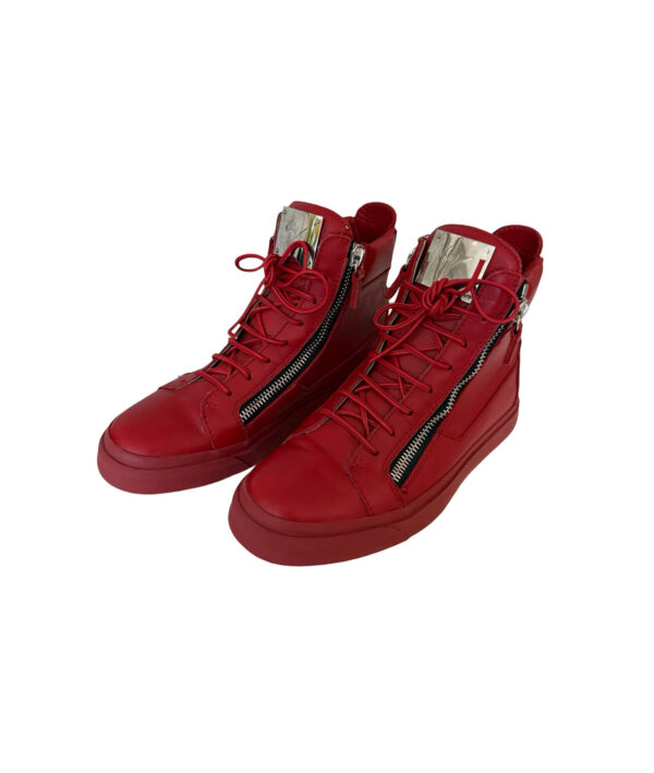 Giuseppe Zanotti bold red leather sneakers with dual zippers and logo-embossed tongue.