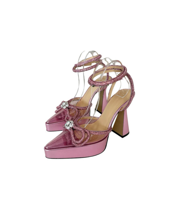 Mach & Mach sparkly pink platform pumps with rhinestone bow details and high block heel.