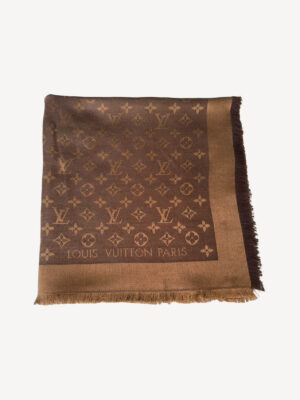 Louis Vuitton Monogram Shine Shawl in brown and gold jacquard with fringed edges