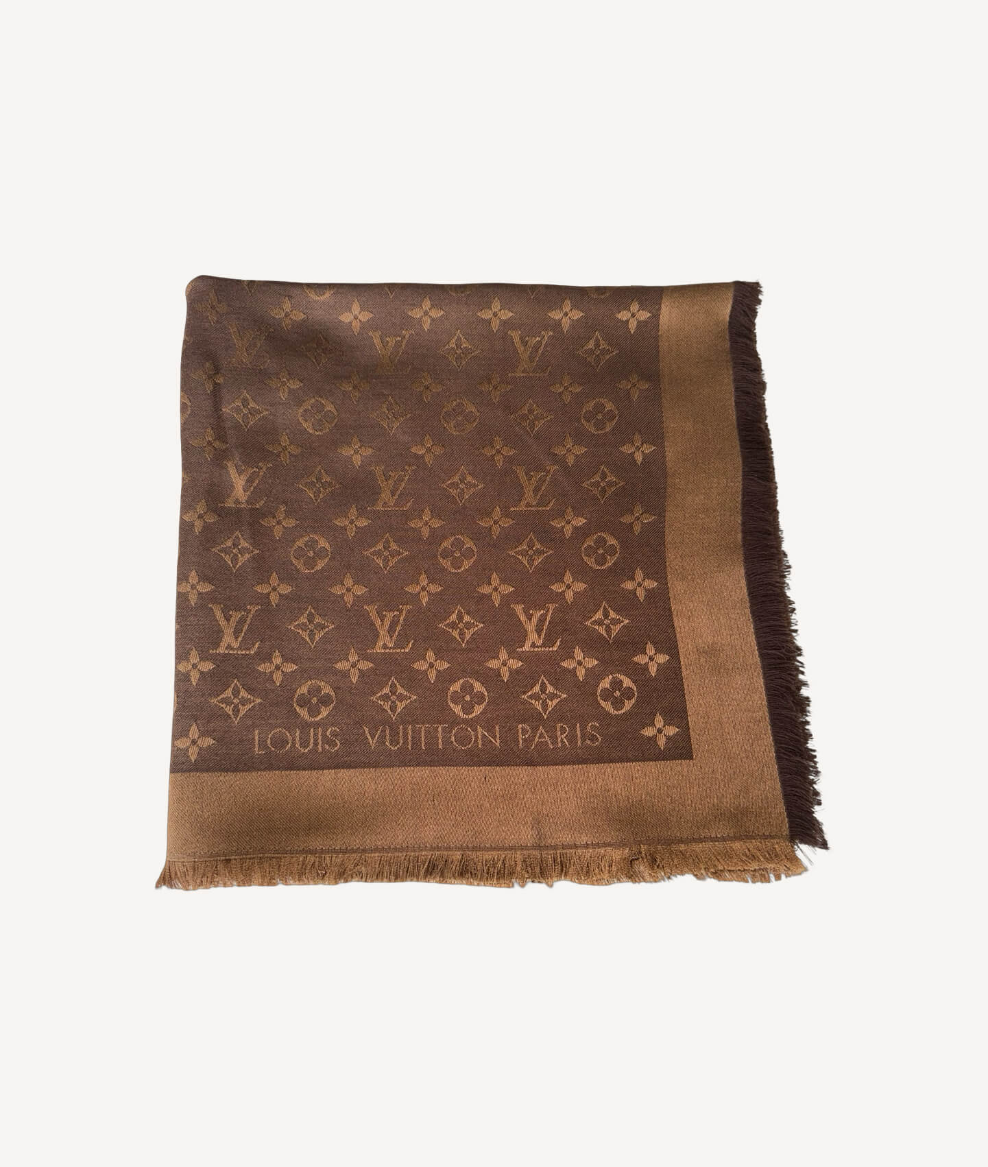 Louis Vuitton Monogram Shine Shawl in brown and gold jacquard with fringed edges