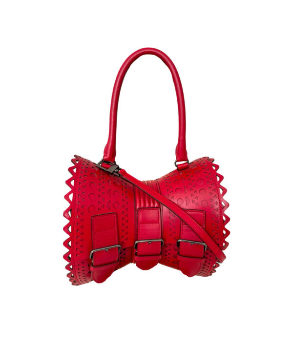 Designer Alaïa corset leather top handle bag featuring cutout detailing