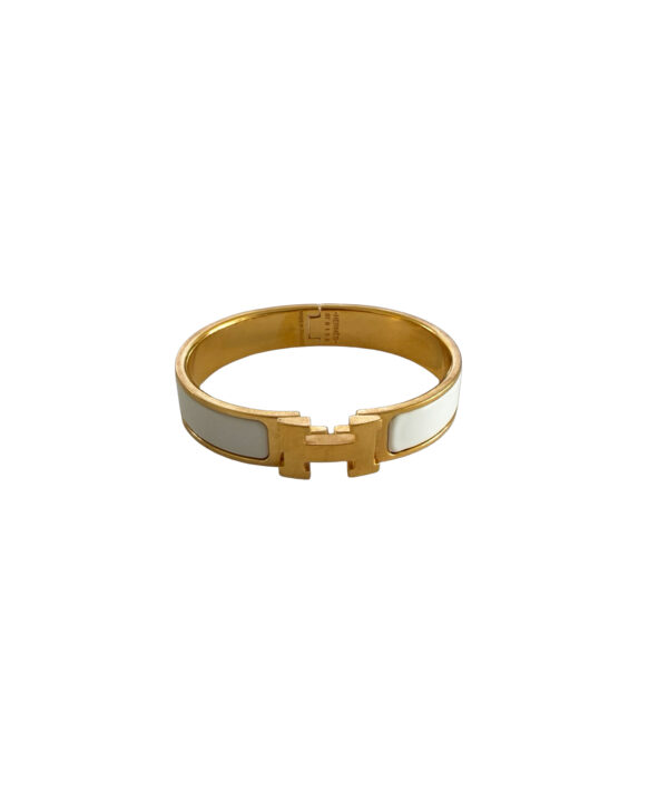 Hermès Clic H narrow enamel bangle bracelet in white with signature gold H logo