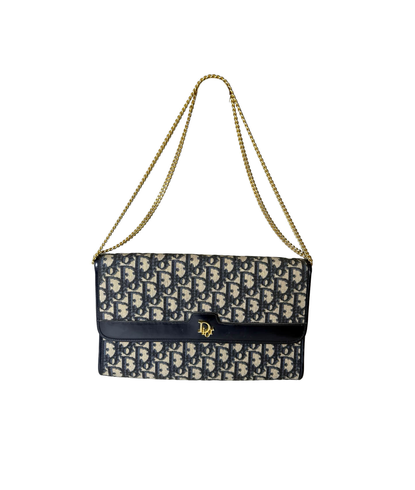 Rare Christian Dior Diorissimo Trotter chain clutch in navy monogram canvas with gold hardware.